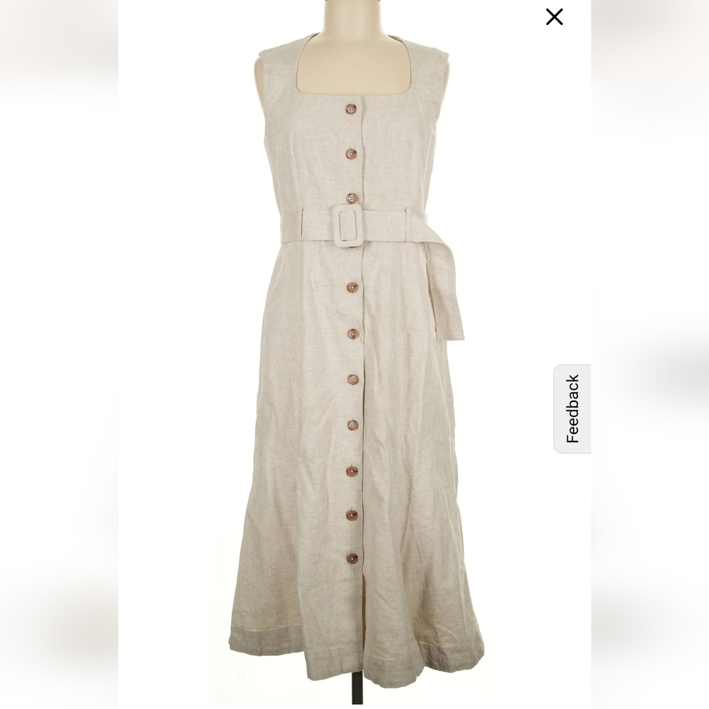 Banana Republic Linen Dress Lined Belted Beige Square Neck Midi Dress Cream Tan - Picture 3 of 6